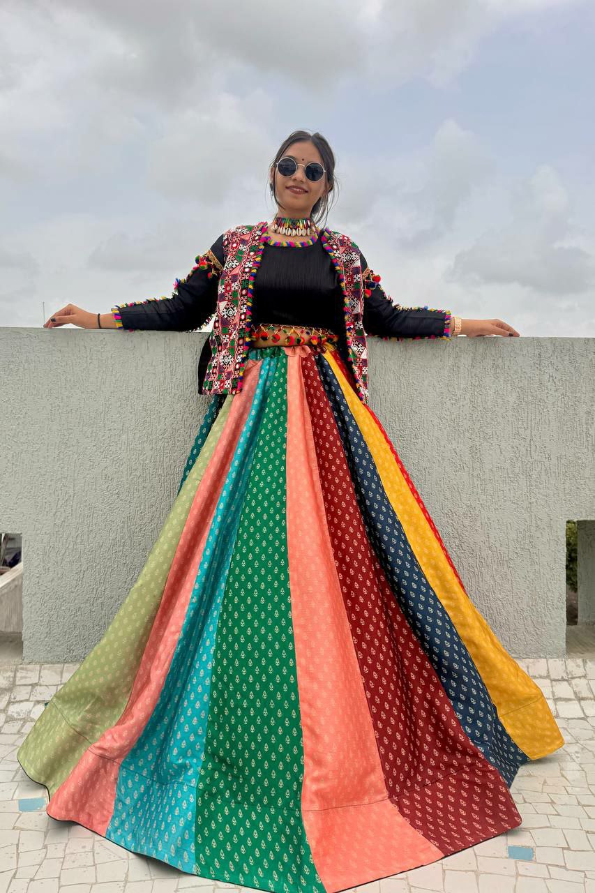 Multi colour lehenga choli with jacket
Koti
Koti Fabric : Heavy Mono Silk
Koti Work : Fancy Gamthi Embroidery With Real Mirror Work And Multiple Fancy Lace Work