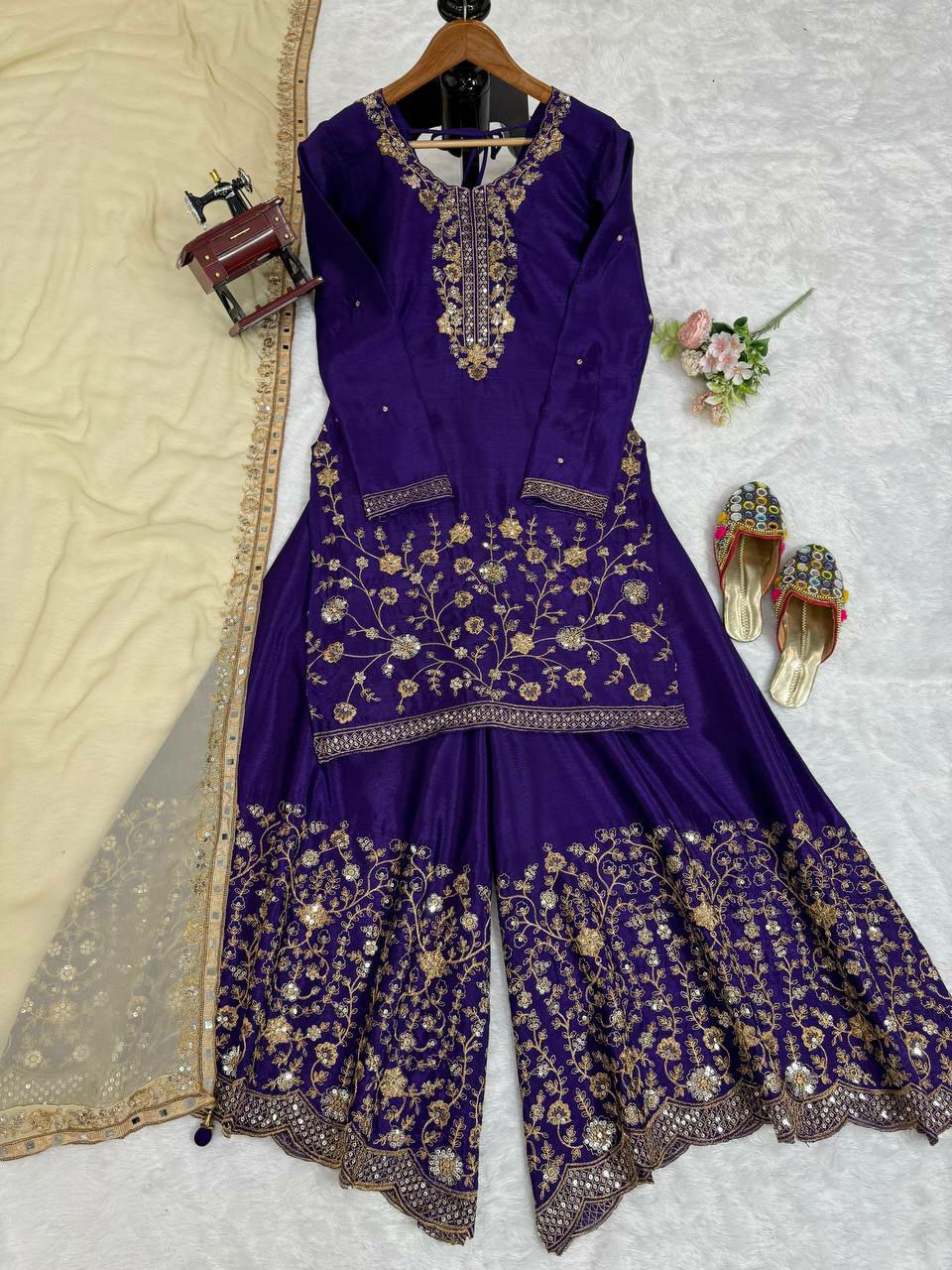 Designer sharara  Suit Set Chinon Silk febric with Inner and Sequnce With Thred work and Sharara on also Chinon Silk Febric With Sequnce With thred work and Dupatta on Faux Georgette Febric with Thred & sequence