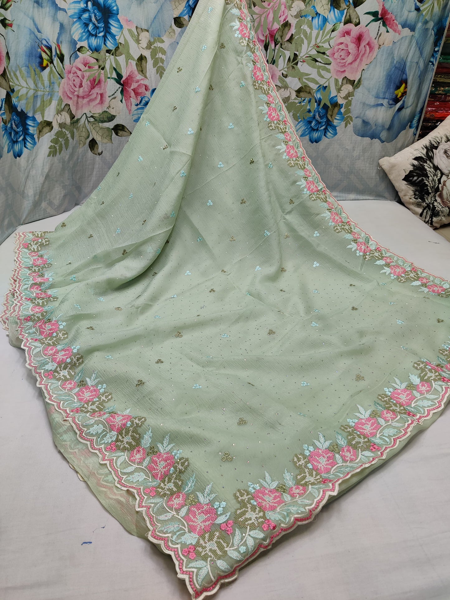 Allover crosstich work border and allover swaroski stone on crush chiffon* 
Saree