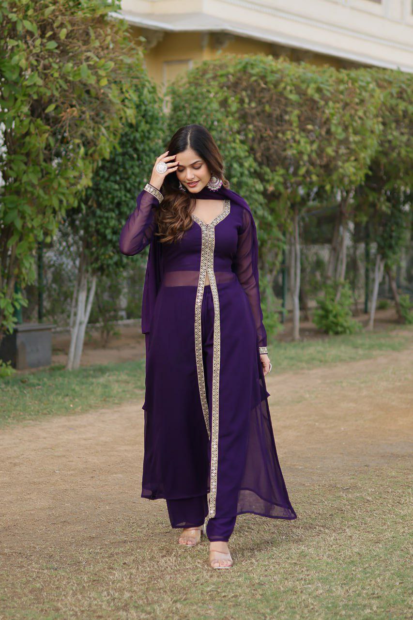Fancy suit set                        FABRIC & WORK :- Faux Blooming With Embroidered Work