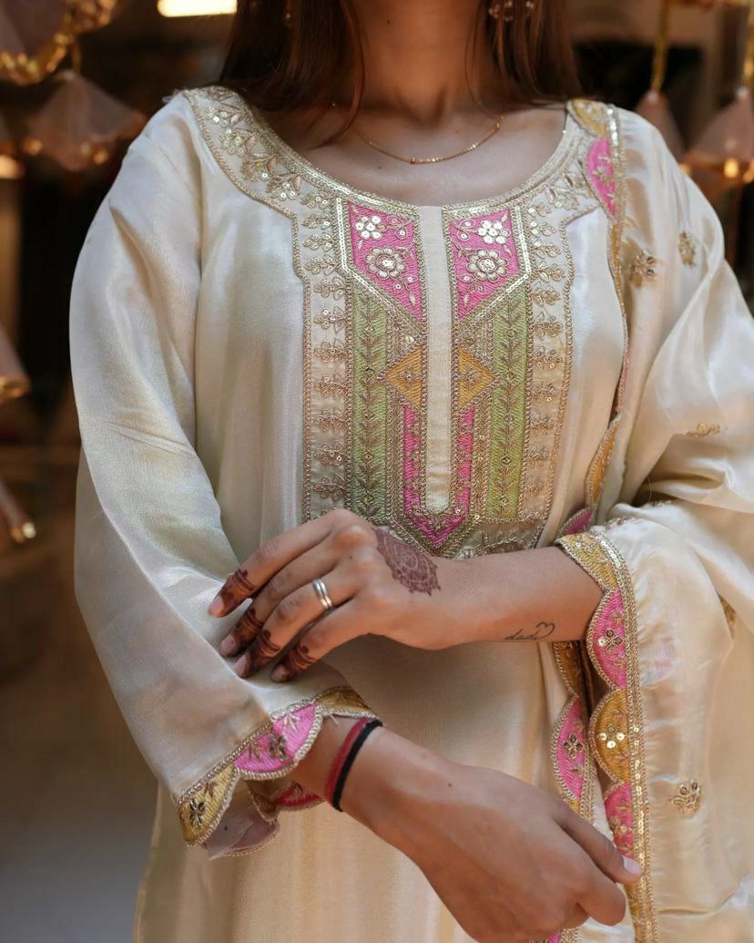 Suti set 
TOP FABRIC : VISCOSE CHANDERI WITH SEQUENCE CODING EMBROIDERY WORK
