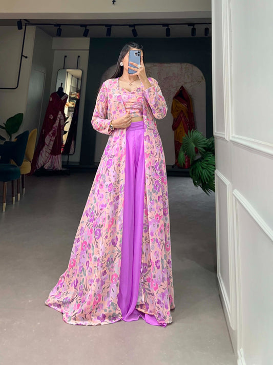Plazo With Shrug
The intricate patterns of the floral print shrug cascade effortlessly over the flowing elegance of the palazzo💜