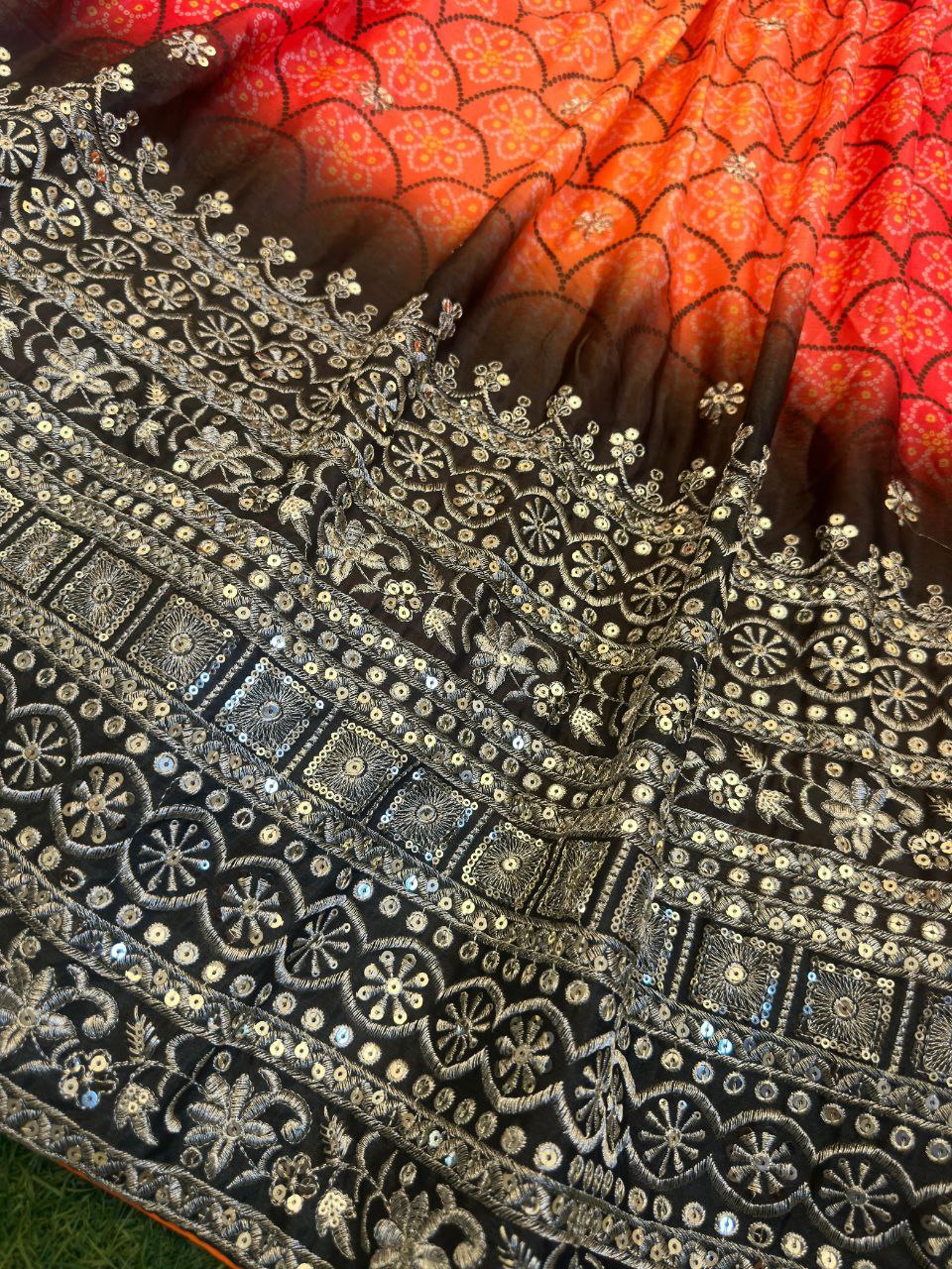 LEHNGA : CHINON SILK WITH DIGITAL PRINT AND EMBROIDERY SEQUENCE DESIGN WORK