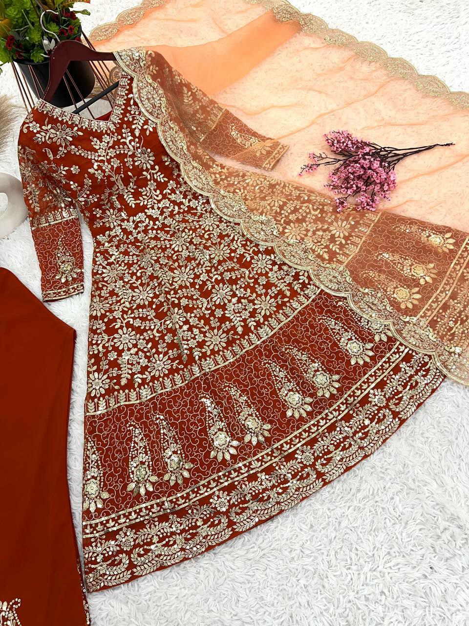 Designer gown set.                 Gown Fabric: Pure Heavy  Faux Georgette With Full Heavy Embroidery Sequence Work*    Full Sleeve