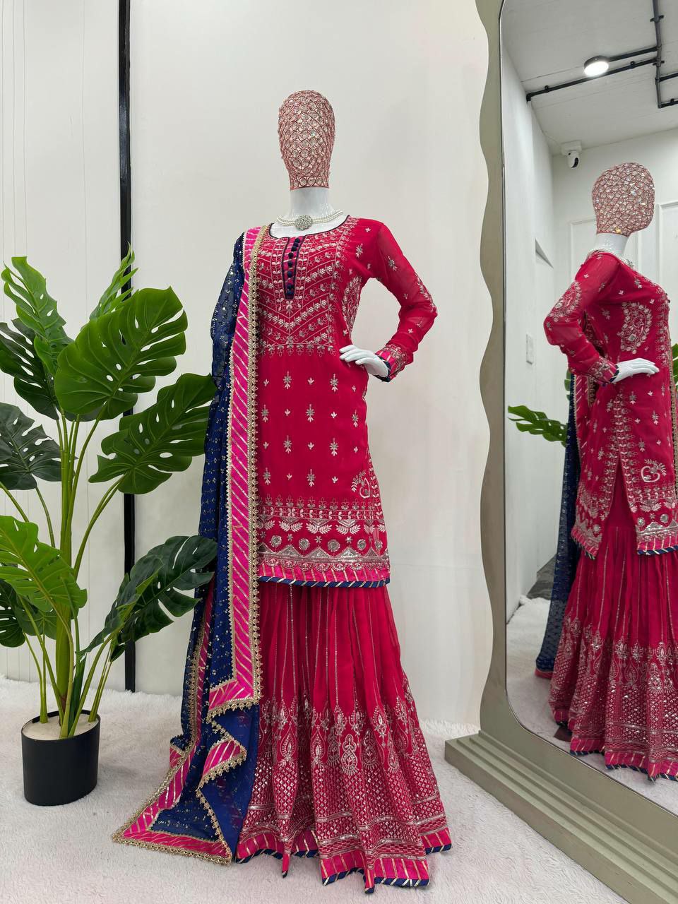 Perfect bridal sharara suit set Fabric :  Foux gorgette 
Inner  : Micro
Work   : thread with Sequnce  
Stich    : M(38),L(40),XL(42) with xxl margin
