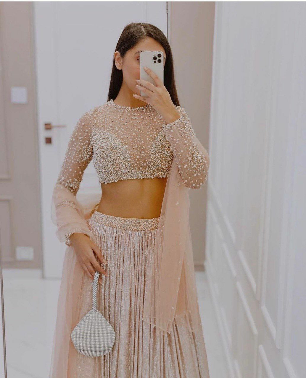 Party wear lehenga collection satin silk padding lehnga with sequence work 
Flair 3 meter
Can can attach
 Net blouse with Pearl , sequnece & zari work all over front & back ( Unstich )
Net Duppata with Pearl border work
