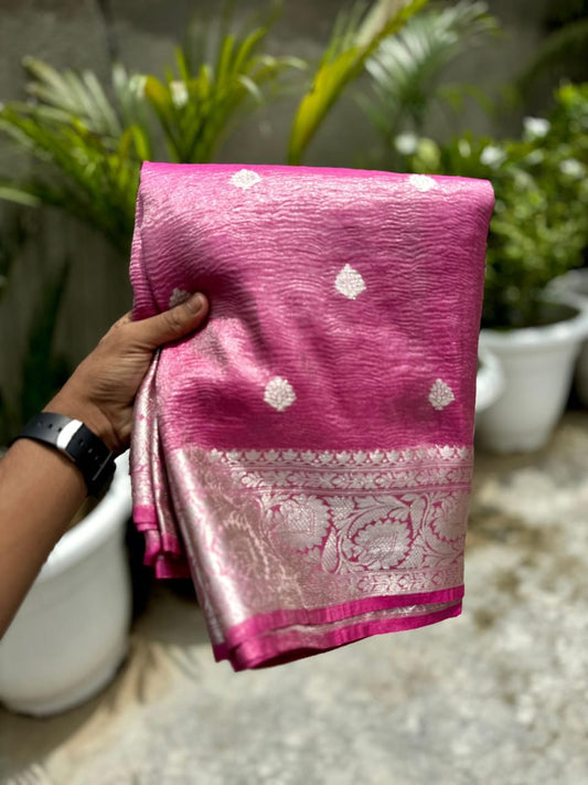 HANDWOVEN BANARASI DYEBLE KATAN TISSUE CRUSH SAREE BEAUTIFUL BUTI DESIGN ALL OVER BODY