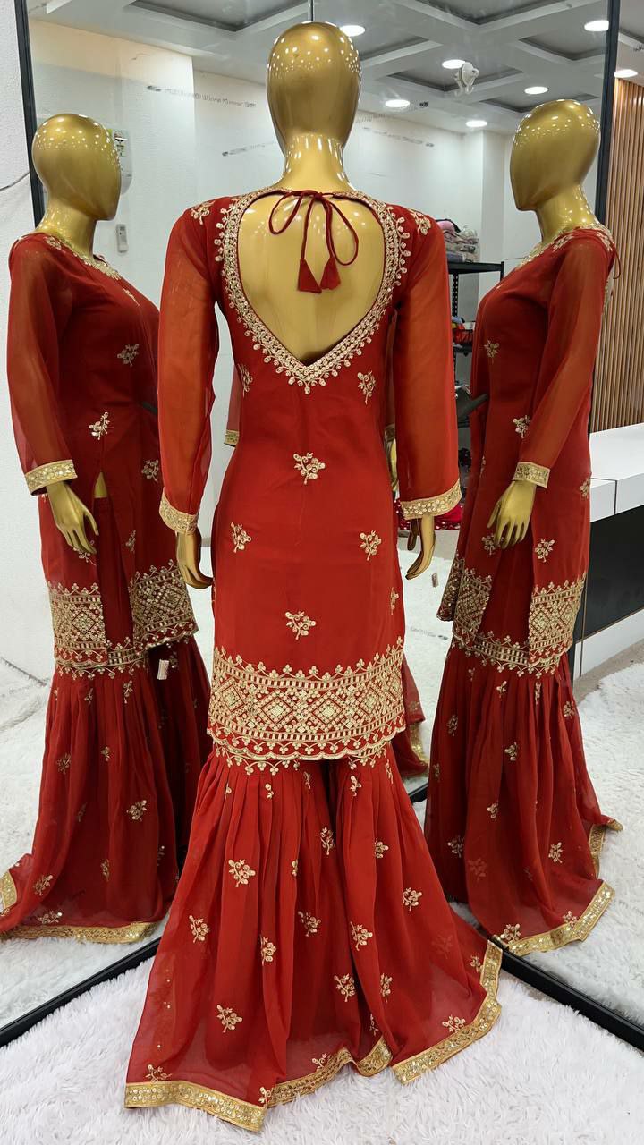 Plazzo suit set Top Fabric : Heavy Faux Georgette With 5mm Embroidery Sequence Work With Full Sleeve
Top Inner  : Heavy Micro Cotton 
Top Length      : 38-39 Inch
Top Size           :      M(38),L(40),XL(42),XXL(44)
(FULLY STITCHING