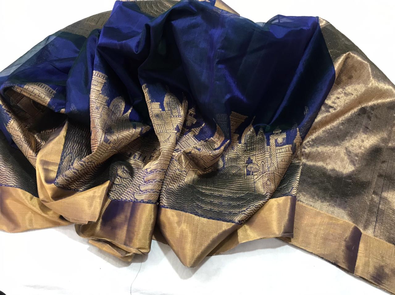 Chanderi pattu silk handborder mandir design saree