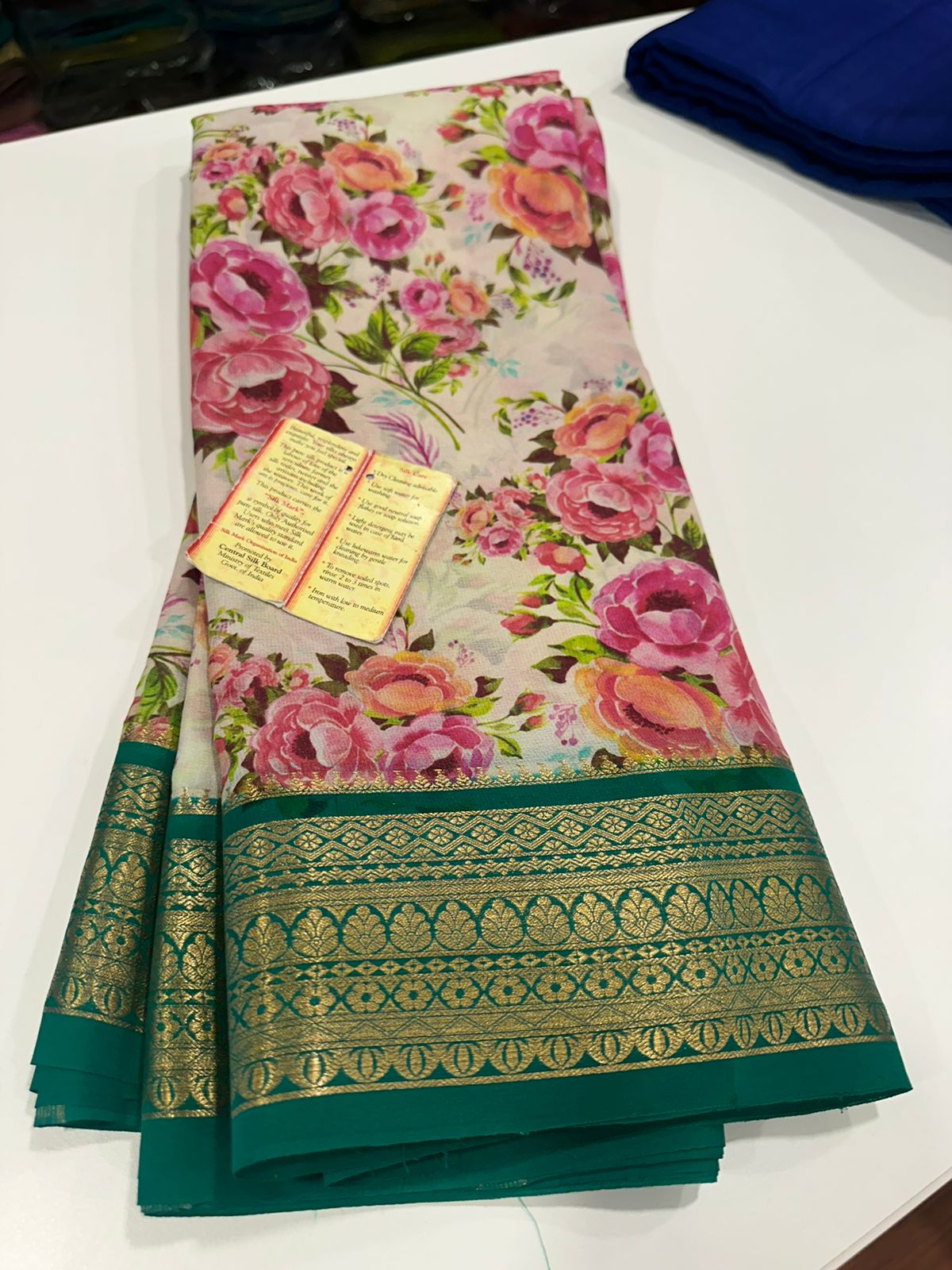 Pure Mysore silk saree
Silk mark certification 
75  grm  thickness 
Comes with contrast  blouse piece 
digital prints Printed Mysore silk sarees with heavy quality