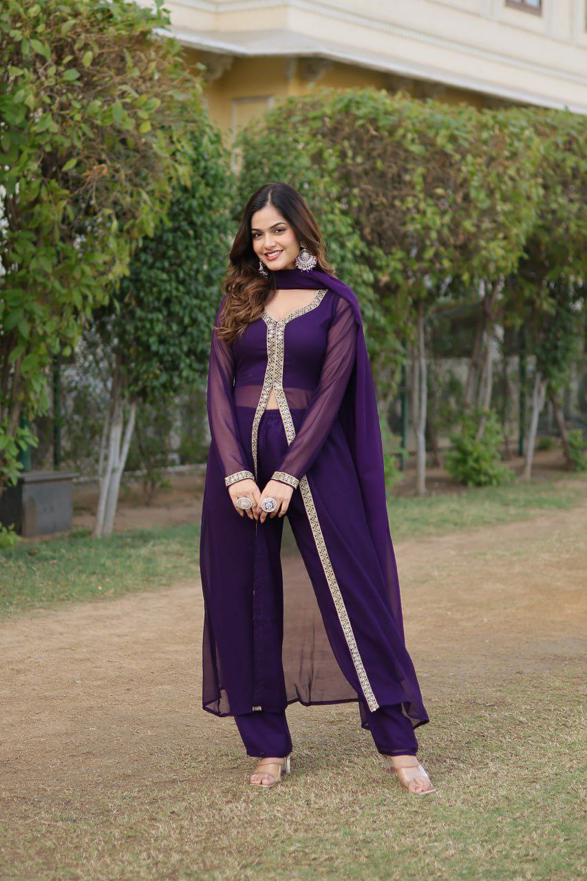 Fancy suit set                        FABRIC & WORK :- Faux Blooming With Embroidered Work