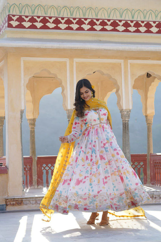 Anarkali suit set Digital printed Russian silk With  Embroidery Zari Sequins-work
