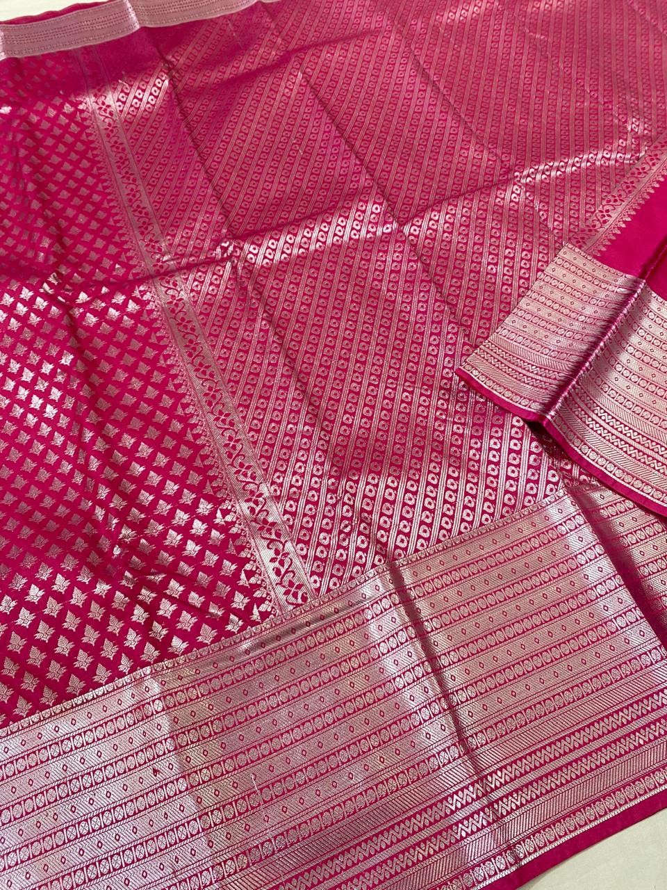 Kanchipuram semi silk sareesbeautiful pink colour and   Silver saree good quality