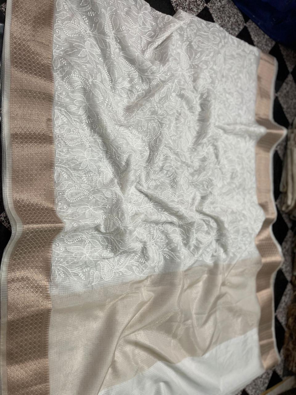 Banarasi Kora Organza Silk Sarees Very Good Quality With Very Beautiful Embroidery Chickenkari Work Weaving Design Border