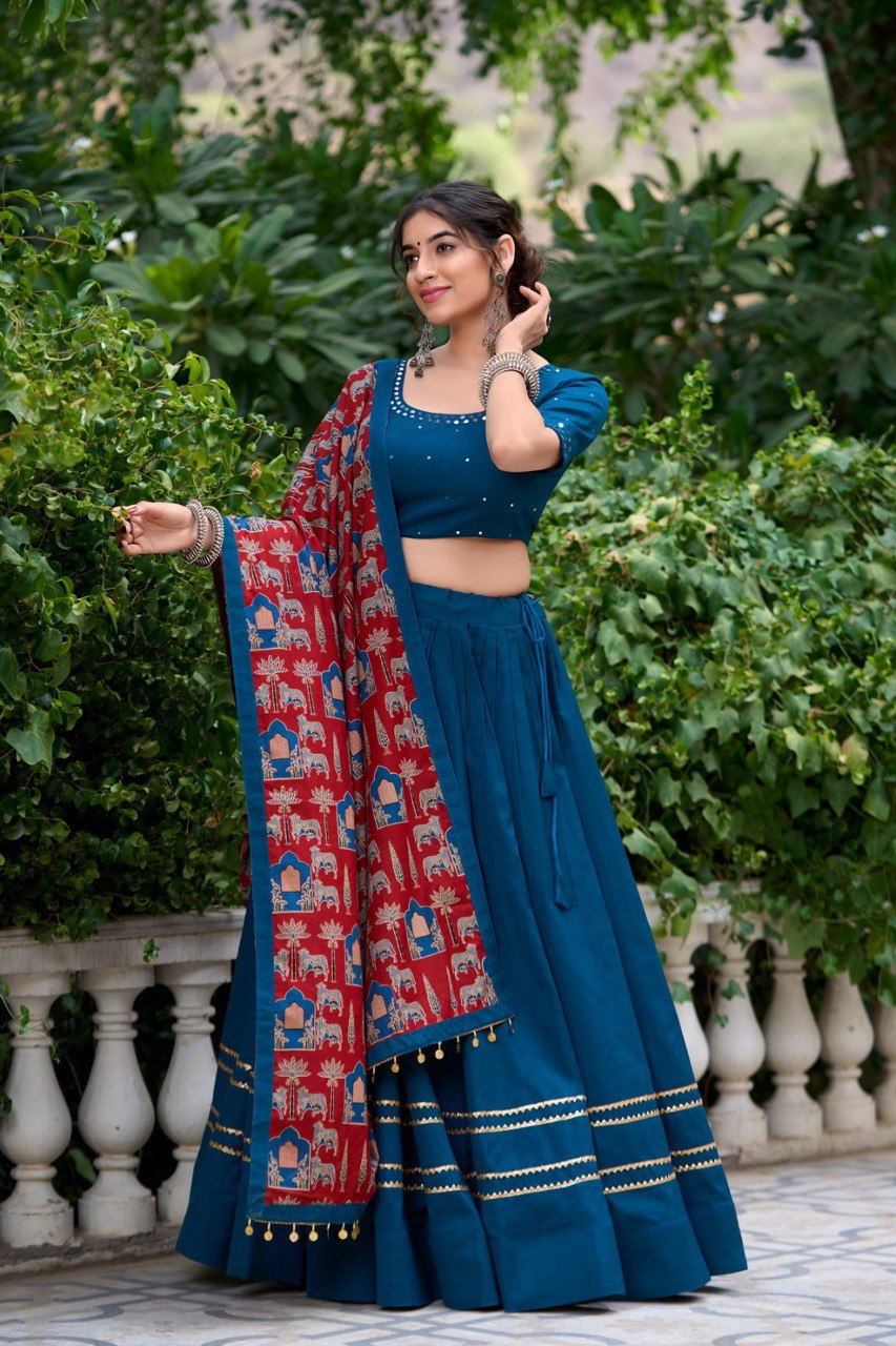 Dance through Navratri nights in this beautifully printed pure cotton lehenga choli