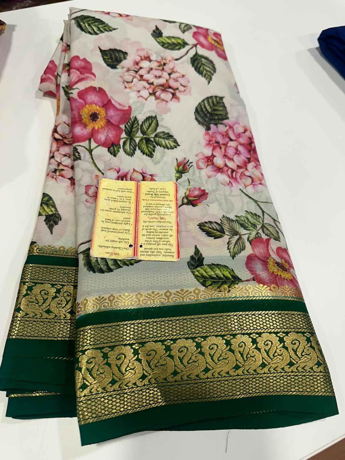 Pure Mysore silk saree
Silk mark certification 
75  grm  thickness 
Comes with contrast  blouse piece 
digital prints Printed Mysore silk sarees with heavy quality