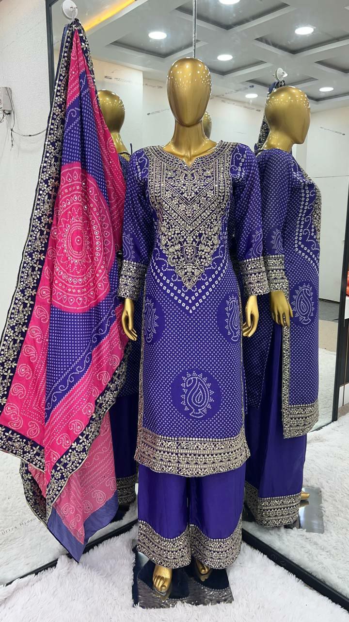 Designer plazo suit set          Heavy Chinon With Digital Print With Embroidery Sequence Work With Heavy With Full Sleeve
