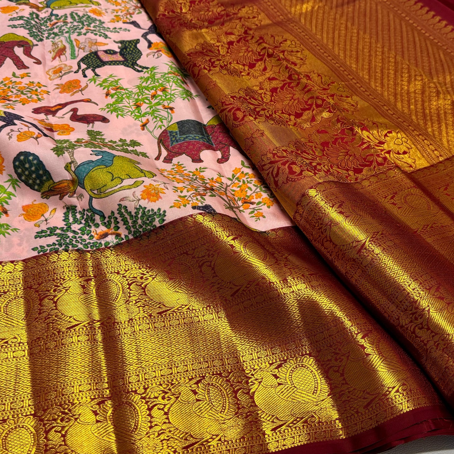 Kanchipuram pure silk handloom double warp contrast grand pallu and blouse *Double side korvai digital print bridal
SILK MARK TAG WITH HOLOGRAM*