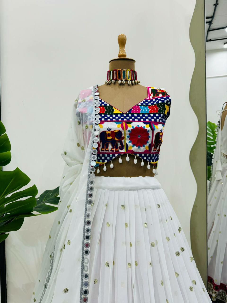 Perfect ring ceremony lehenga choli set :                                   Foux gorgette 
Work : Sequnce with Chainstich work with *Real mirror