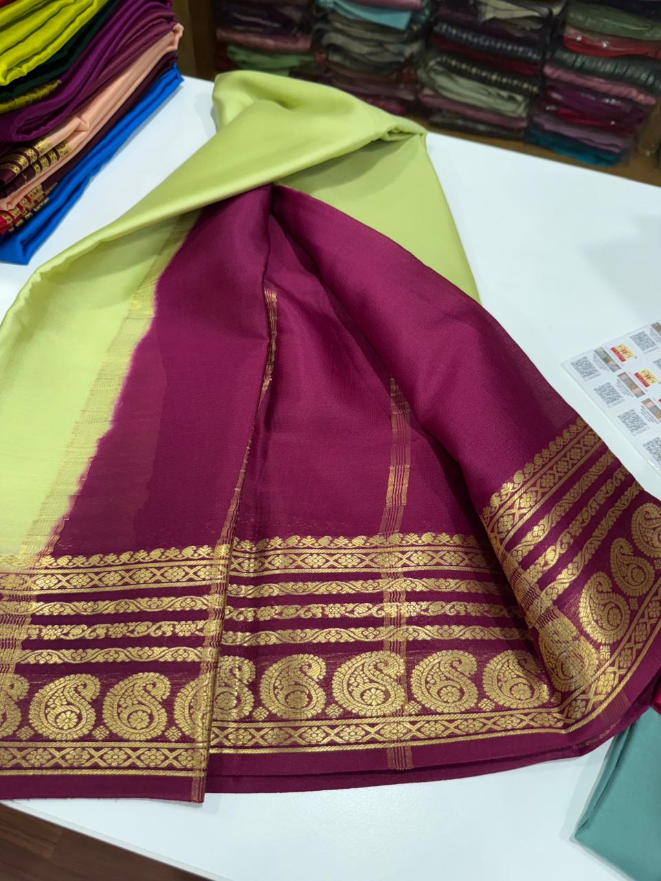 Pure Mysore silk sarees 
75 grm thickness Traditional  border Mysore silk sarees with all beautiful self colour big mango traditional