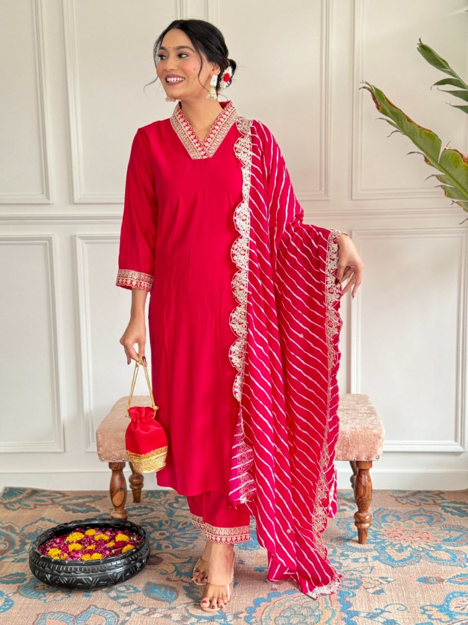 Suti set This set features PV CHANDERI with attractive Embroidery