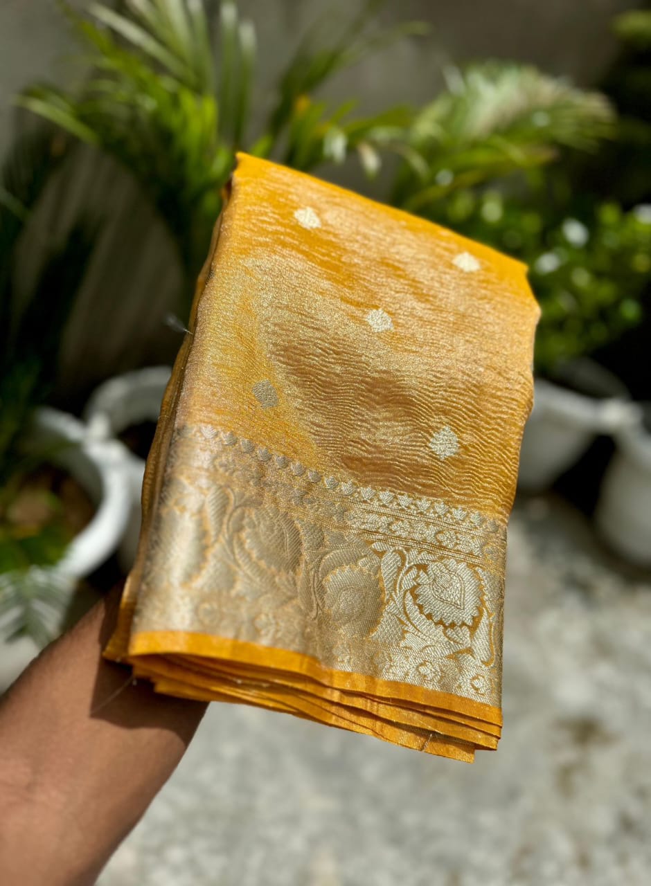 HANDWOVEN BANARASI DYEBLE KATAN TISSUE CRUSH SAREE BEAUTIFUL BUTI DESIGN ALL OVER BODY
