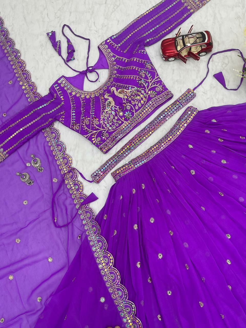 Perfect for mehndi ceremony lehenga choli set. 
Fabric:- Fox Georgette 
Work:- Heavy 7mm multi Sequence Work 
INNER:  Micro Cotton
