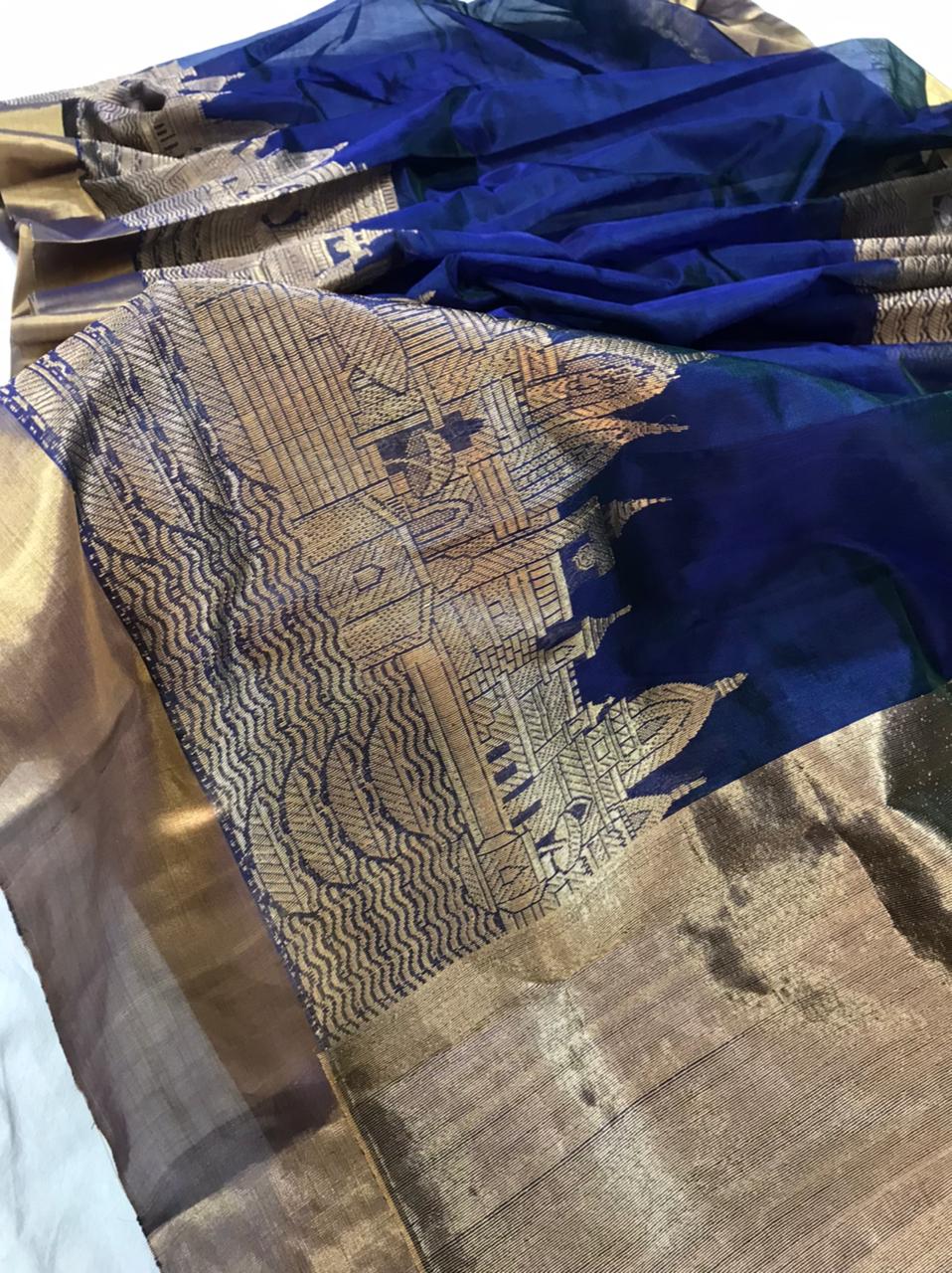 Chanderi pattu silk handborder mandir design saree
