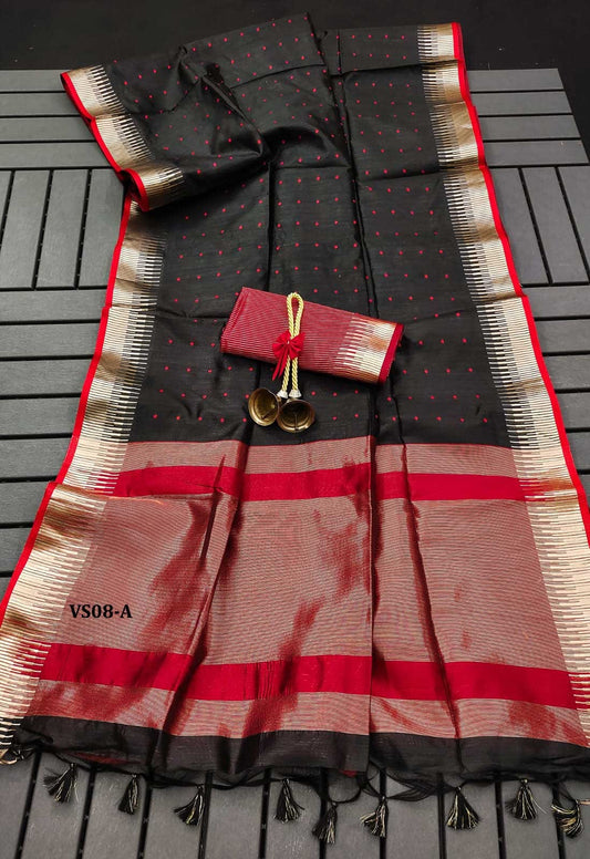 Saree:* Khadi Raw Silk Contrast Weaving Pallu With Royal Tassels With Jamdhani Weaving Border