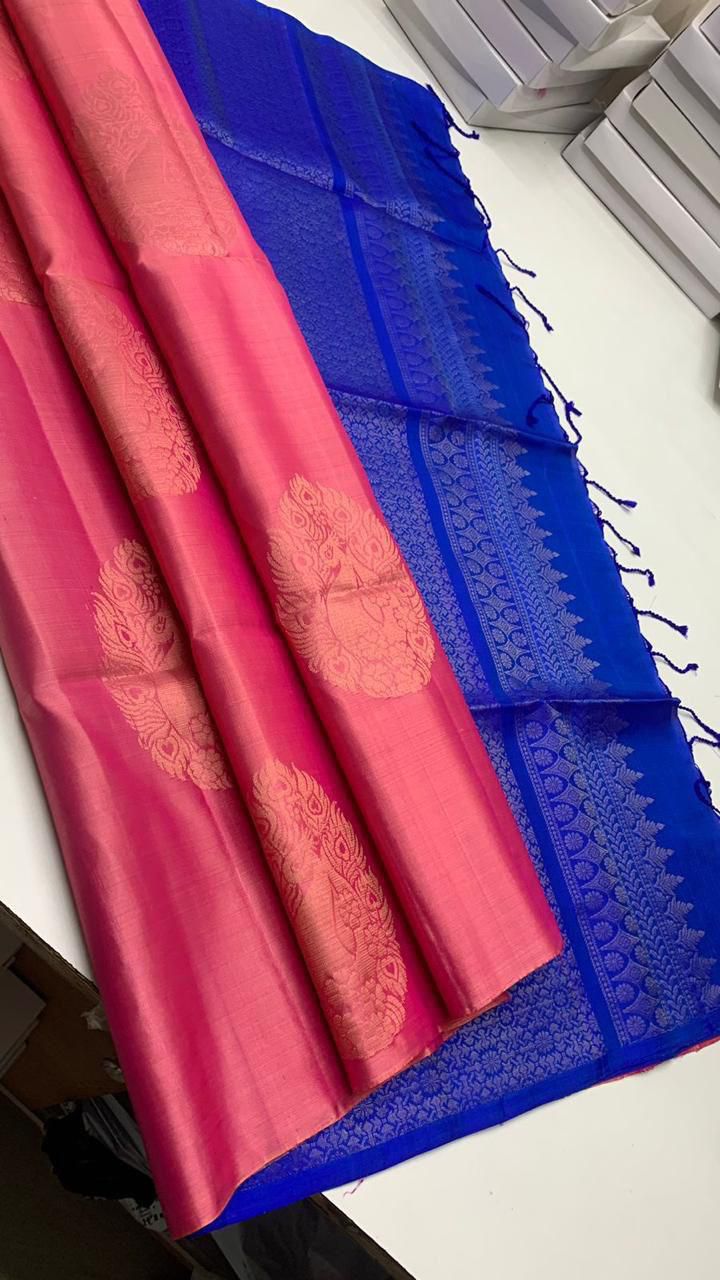 Pure handloom Big bhutta borderless Double warp soft silk sarees collections with contrast Pallu and blouse