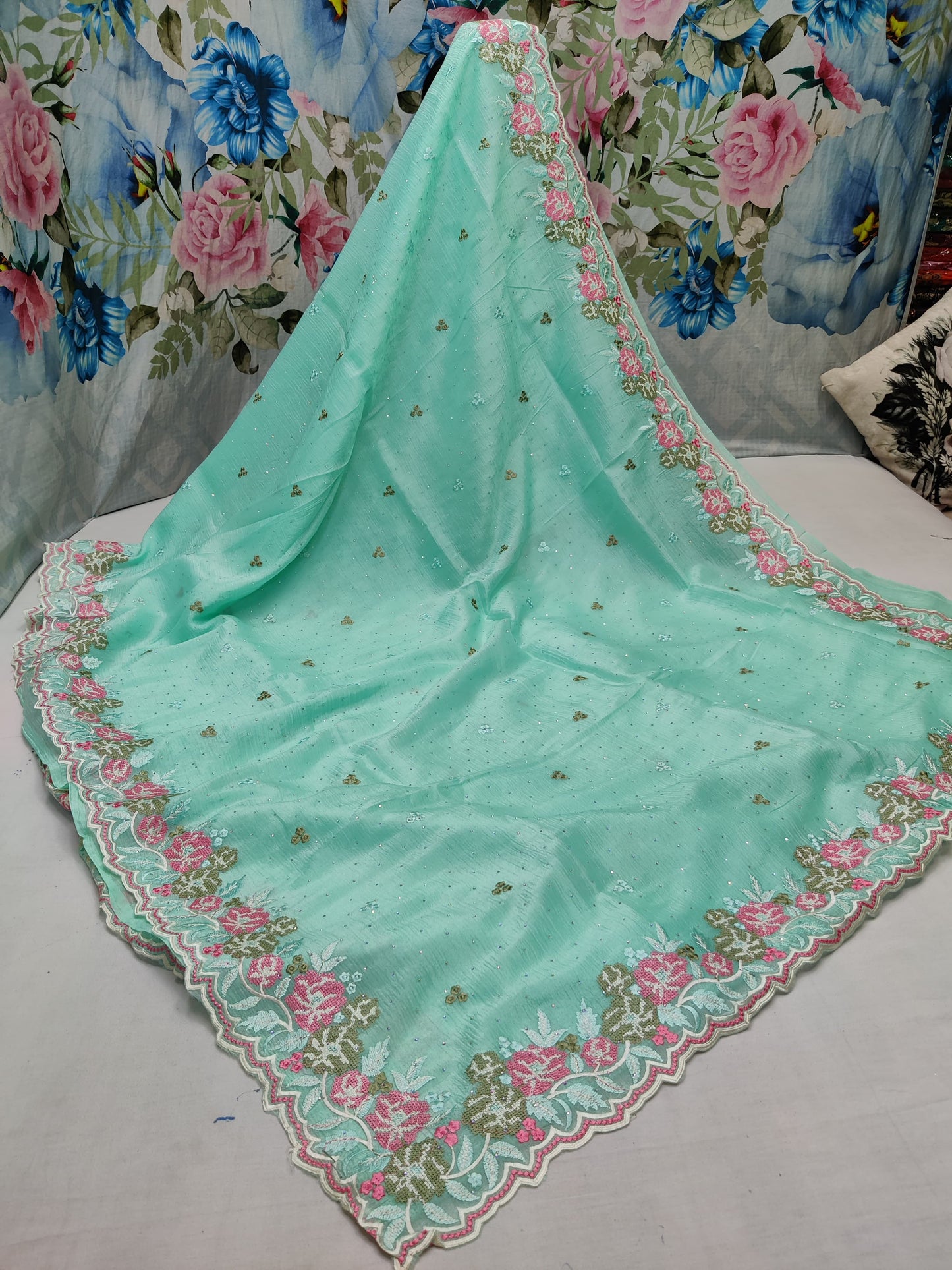Allover crosstich work border and allover swaroski stone on crush chiffon* 
Saree