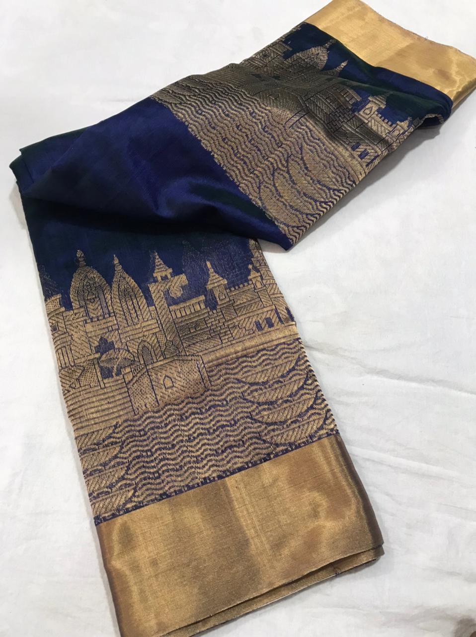 Chanderi pattu silk handborder mandir design saree