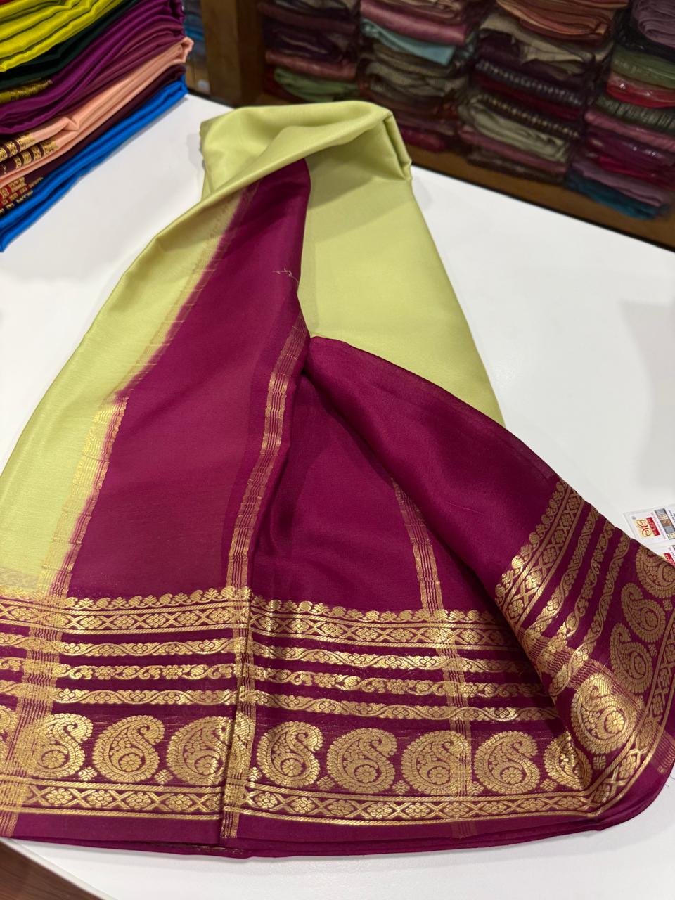 Pure Mysore silk sarees 
75 grm thickness Traditional  border Mysore silk sarees with all beautiful self colour big mango traditional