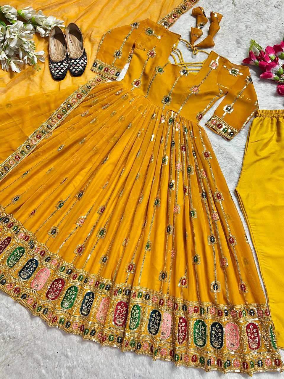 Designer Anarkali suit set
Anarkali Fabric : Heavy Faux Georgette With 5mm Sequence And Embroidery Work ( Fully Sleevs )