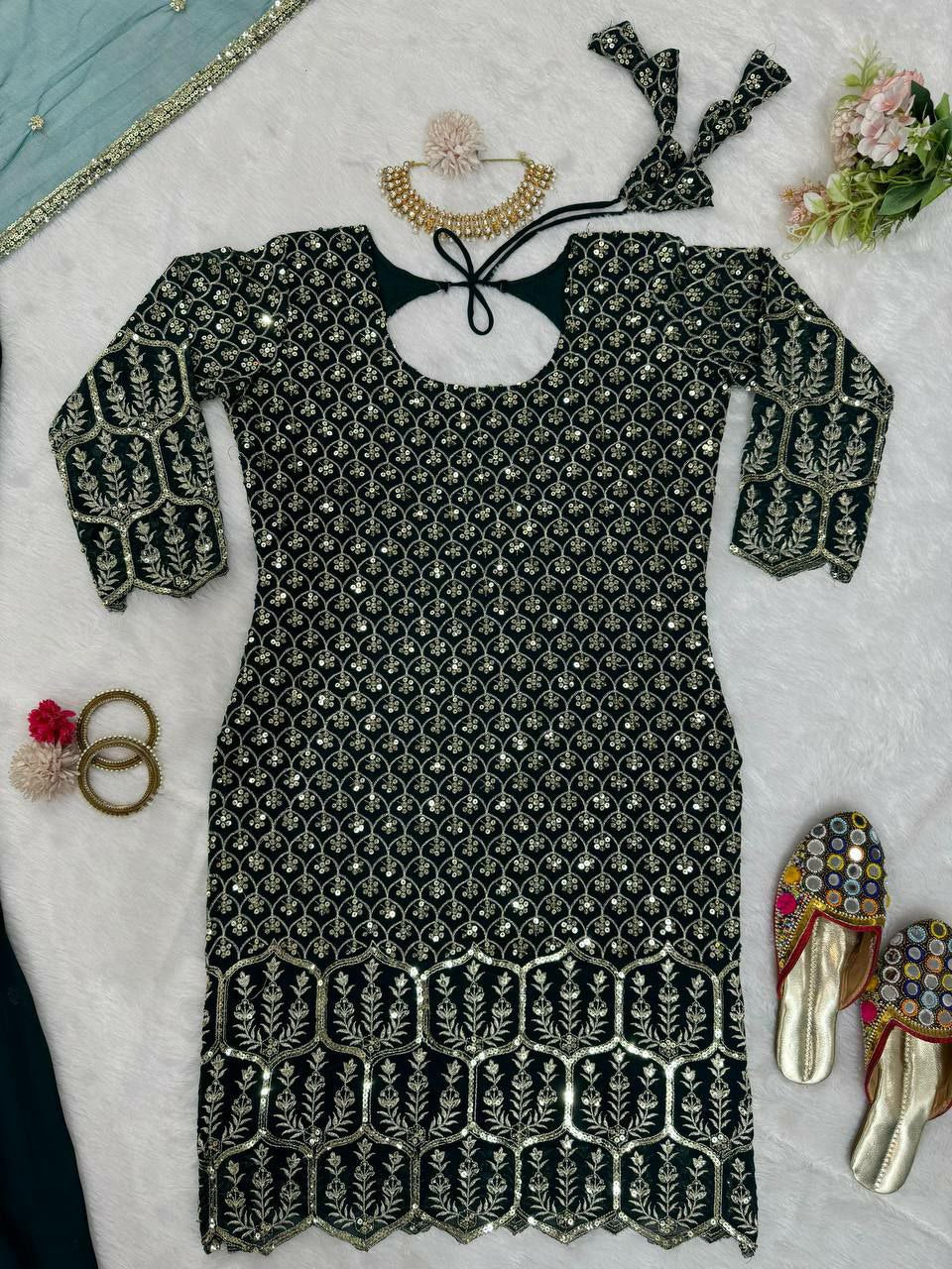 beautiful Designer sharara Suit Set on Georgette febric with Inner and Sequnce & Thred work and Sharara on also Georgette Febric With Sequnce & thred work and Dupatta on Soft Net Febric with Thred & sequence work