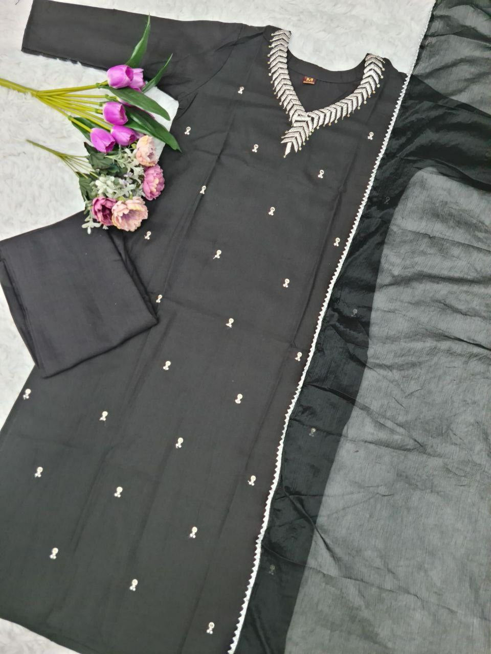 Beautiful suit set.                    PURE REYON SLUB WITH SEQUENCE EMBROIDERY WORK