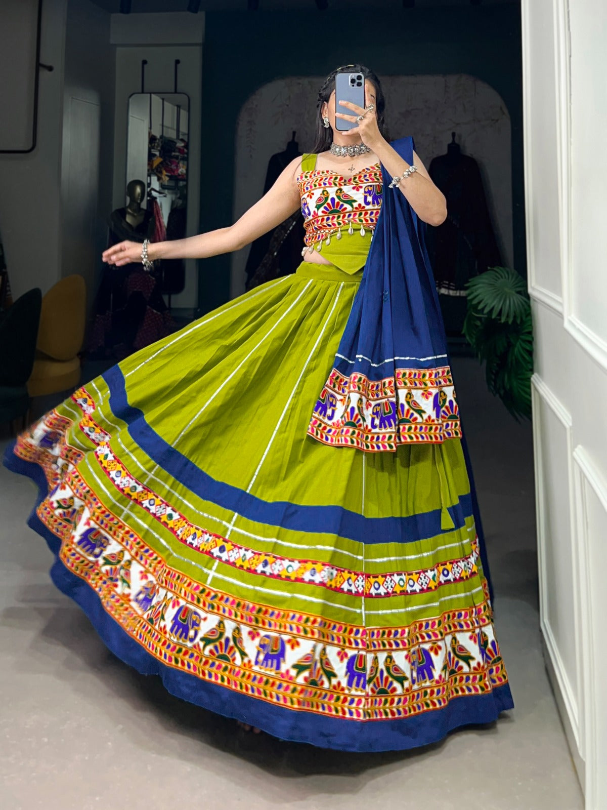 Navratri Collection 2024
Enchanting Navratri Fashion: Elegant Cotton Chaniya Choli with Authentic Gamthi Work and Gota Patti Touch-Ups for a Vibrant Celebration🦚🧿