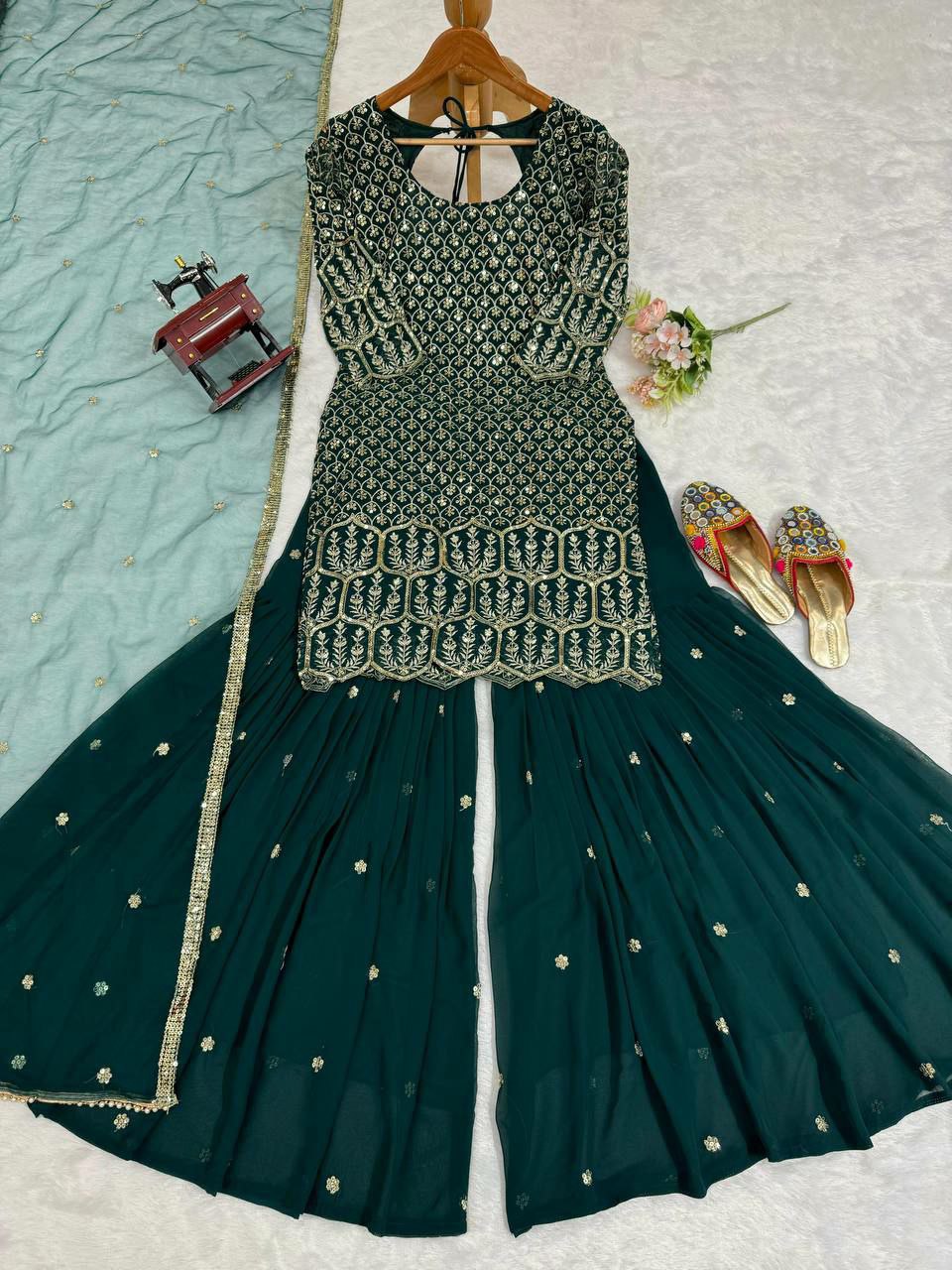 beautiful Designer sharara Suit Set on Georgette febric with Inner and Sequnce & Thred work and Sharara on also Georgette Febric With Sequnce & thred work and Dupatta on Soft Net Febric with Thred & sequence work