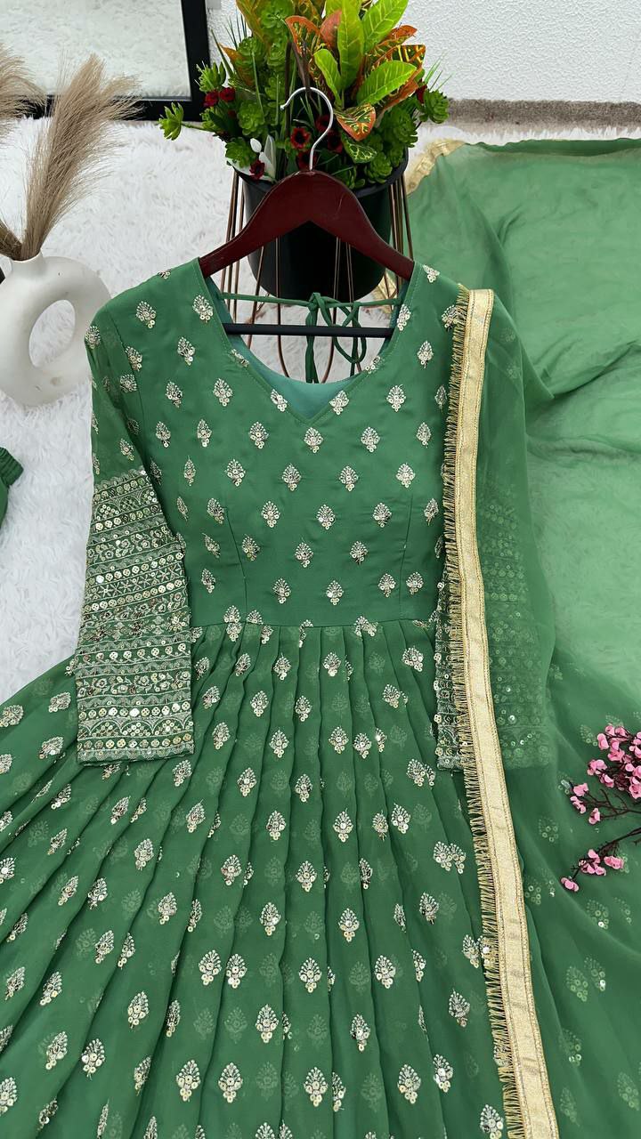 Gown Set Gown Fabric : Pure Heavy  Chinnon Silk With Full Heavy Embroidery Sequence Work full Sleeve
Gown Inner : Micro Cotton
SIZE
XL(42) Free Size With ,XXL(44) Marjin
(Fully Stitched Ready To Wear)