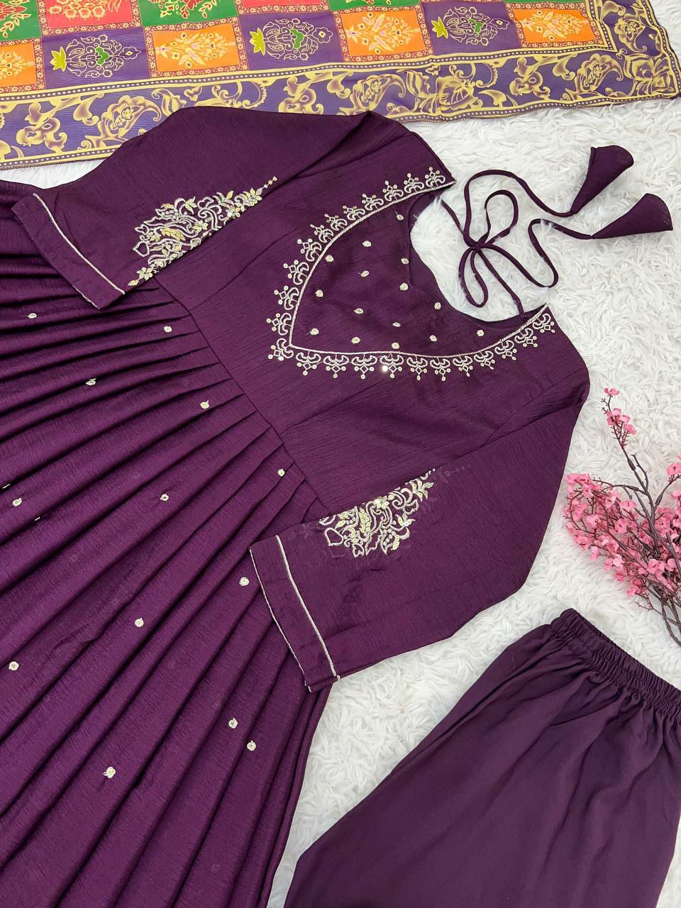 Suti set Pure Chinnon Silk With Embroidery Sequence Work With Fancy Full Sleeve
Top Inner : Heavy Micro Cotton
Top Length. :-48-49Inch 
Top Siz
 M(38),L(40),Xl(42),XXL(44)
(FULLY STITCHED READY TO WEAR)