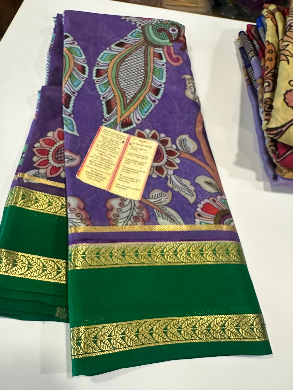 Pure Mysore silk saree
Silk mark certification 
75  grm  thickness 
Comes with contrast  blouse piece 
digital prints Printed Mysore silk sarees with heavy quality