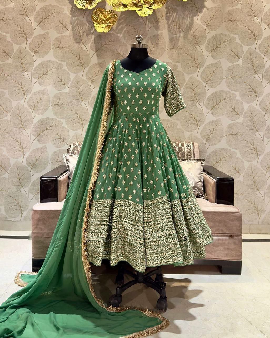 Gown Set Gown Fabric : Pure Heavy  Chinnon Silk With Full Heavy Embroidery Sequence Work full Sleeve
Gown Inner : Micro Cotton
SIZE
XL(42) Free Size With ,XXL(44) Marjin
(Fully Stitched Ready To Wear)