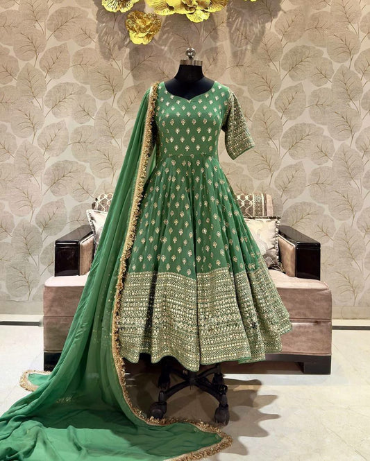 Gown Set Gown Fabric : Pure Heavy  Chinnon Silk With Full Heavy Embroidery Sequence Work full Sleeve
Gown Inner : Micro Cotton
SIZE
XL(42) Free Size With ,XXL(44) Marjin
(Fully Stitched Ready To Wear)