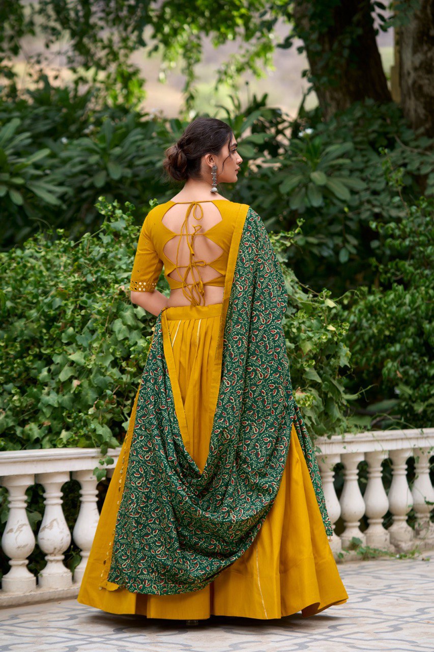 Dance through Navratri nights in this beautifully printed pure cotton lehenga choli
