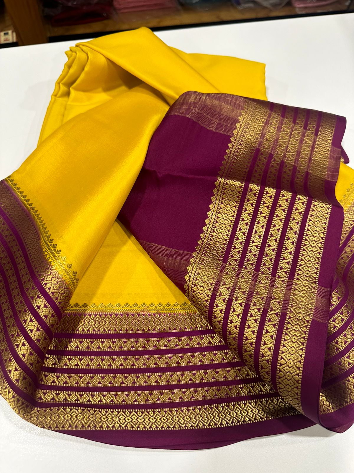 Pure Mysore silk sarees 
110 grm thickness  
Silk mark certified
Traditional lines border mysore silk sarees which comes with beautiful color combination