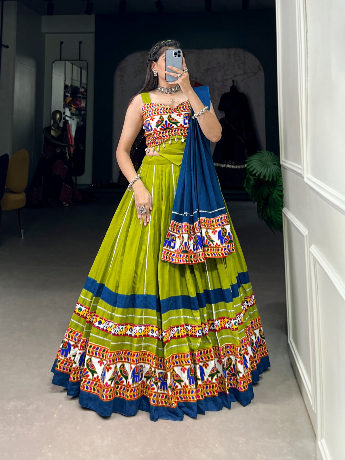 Navratri Collection 2024
Enchanting Navratri Fashion: Elegant Cotton Chaniya Choli with Authentic Gamthi Work and Gota Patti Touch-Ups for a Vibrant Celebration🦚🧿