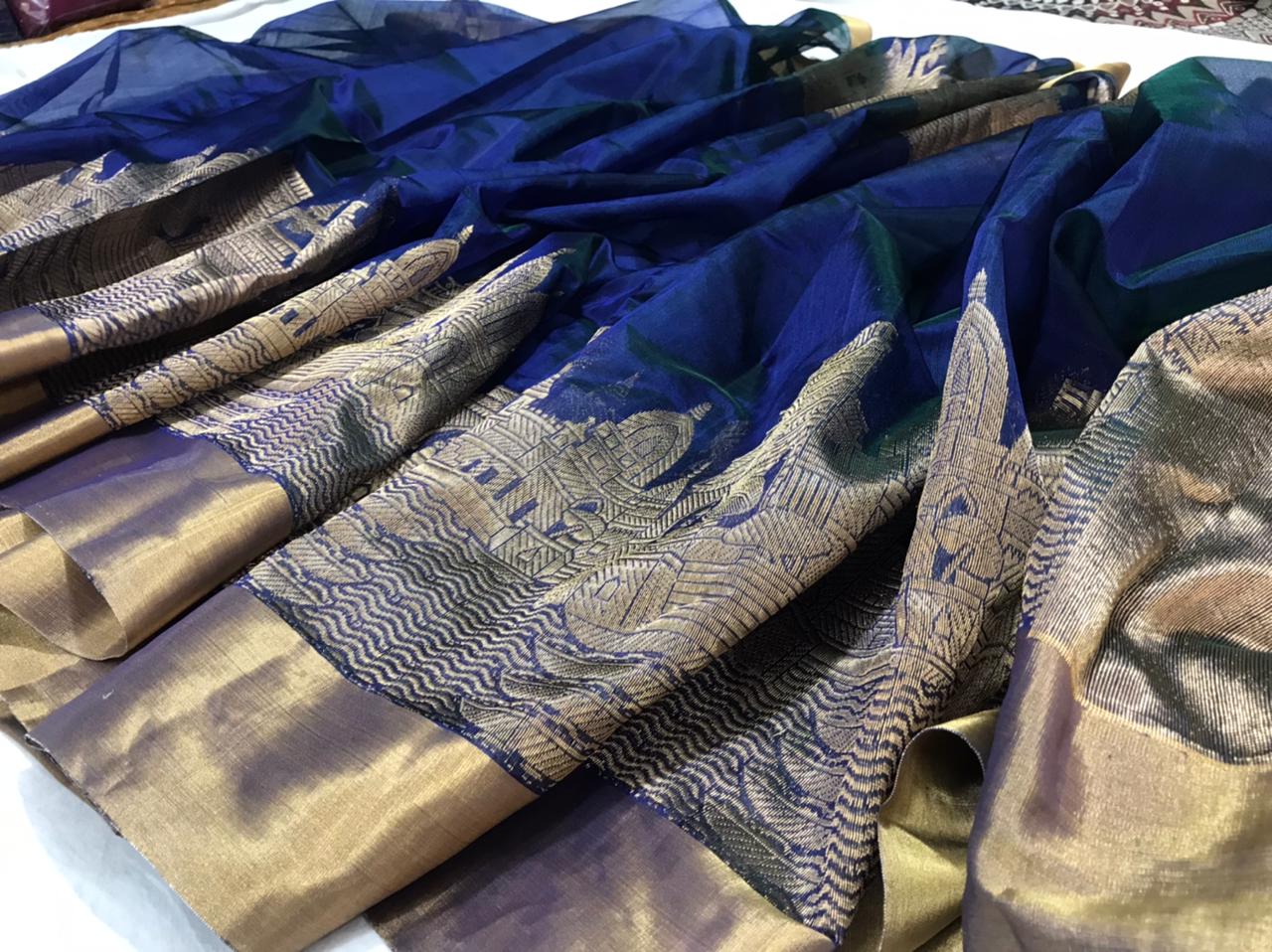 Chanderi pattu silk handborder mandir design saree