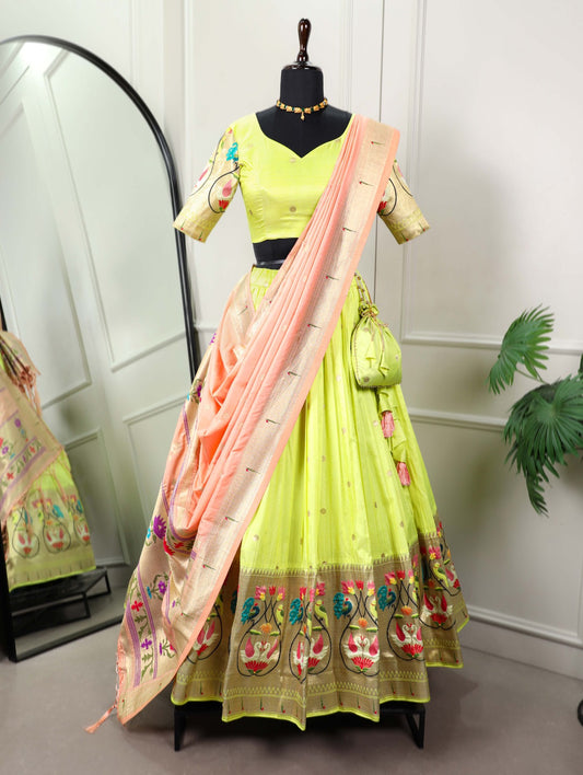 Paithani collection 
In the midst of modern trends, the Parrot Paithani lehenga choli stands as a beacon of tradition, reminding us of the beauty found in our roots💚.