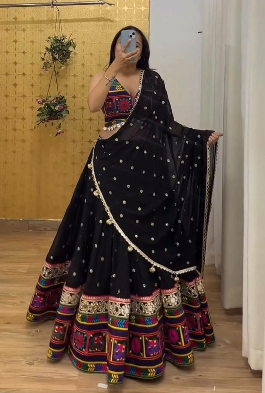 Perfect ring ceremony lehenga choli set :                                   Foux gorgette 
Work : Sequnce with Chainstich work with *Real mirror