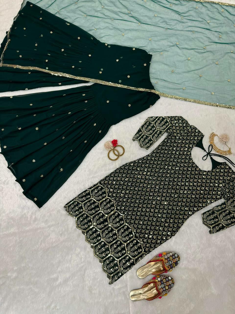 beautiful Designer sharara Suit Set on Georgette febric with Inner and Sequnce & Thred work and Sharara on also Georgette Febric With Sequnce & thred work and Dupatta on Soft Net Febric with Thred & sequence work